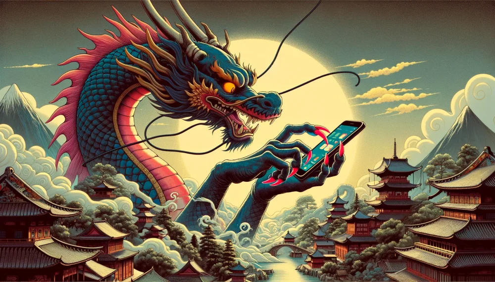 古代中国風の龍がスマホを使っている